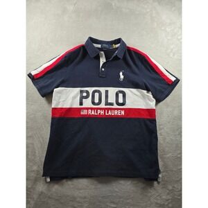 Ralph Lauren Knit Polo Shirt Mens L Blue Striped Classic Fit Big Pony Rugby